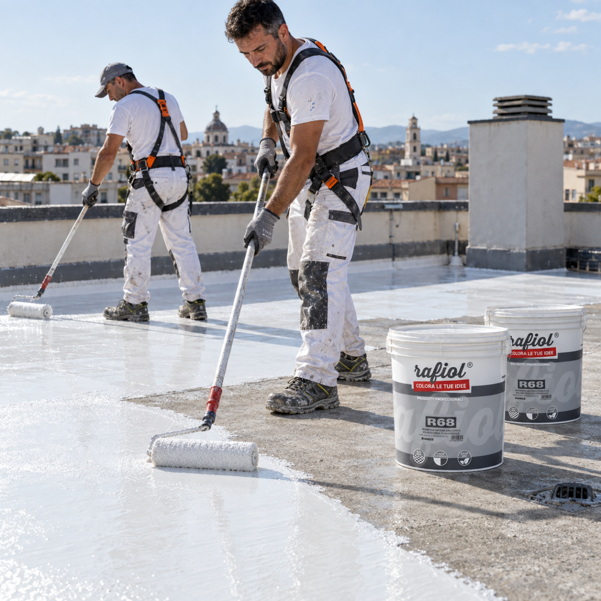 Operatori applicano R68 a rullo su una copertura esterna
