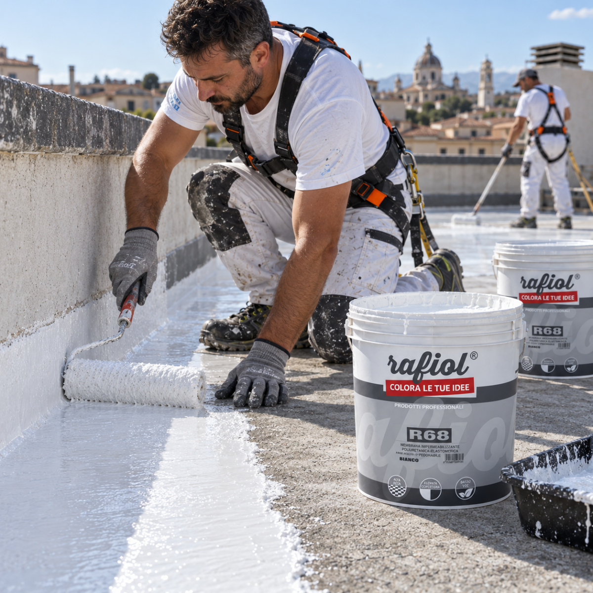 Operatore applica R68 con rullo su una superficie esterna